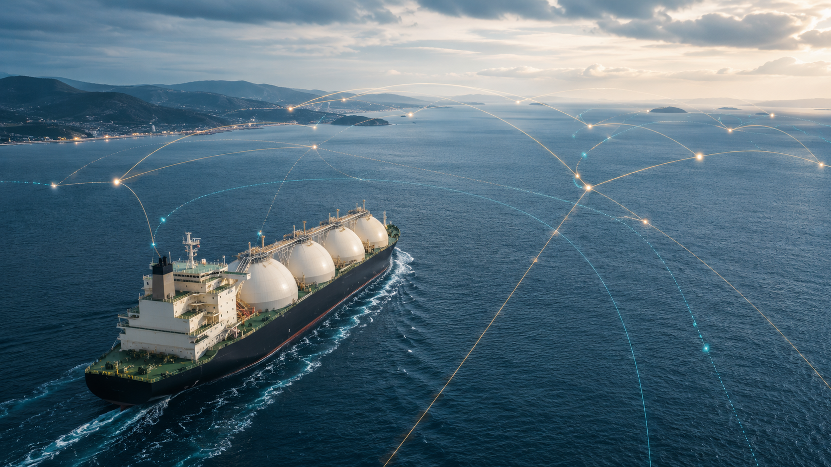 Nave metaniera lungo una rete internazionale di rotte GNL
